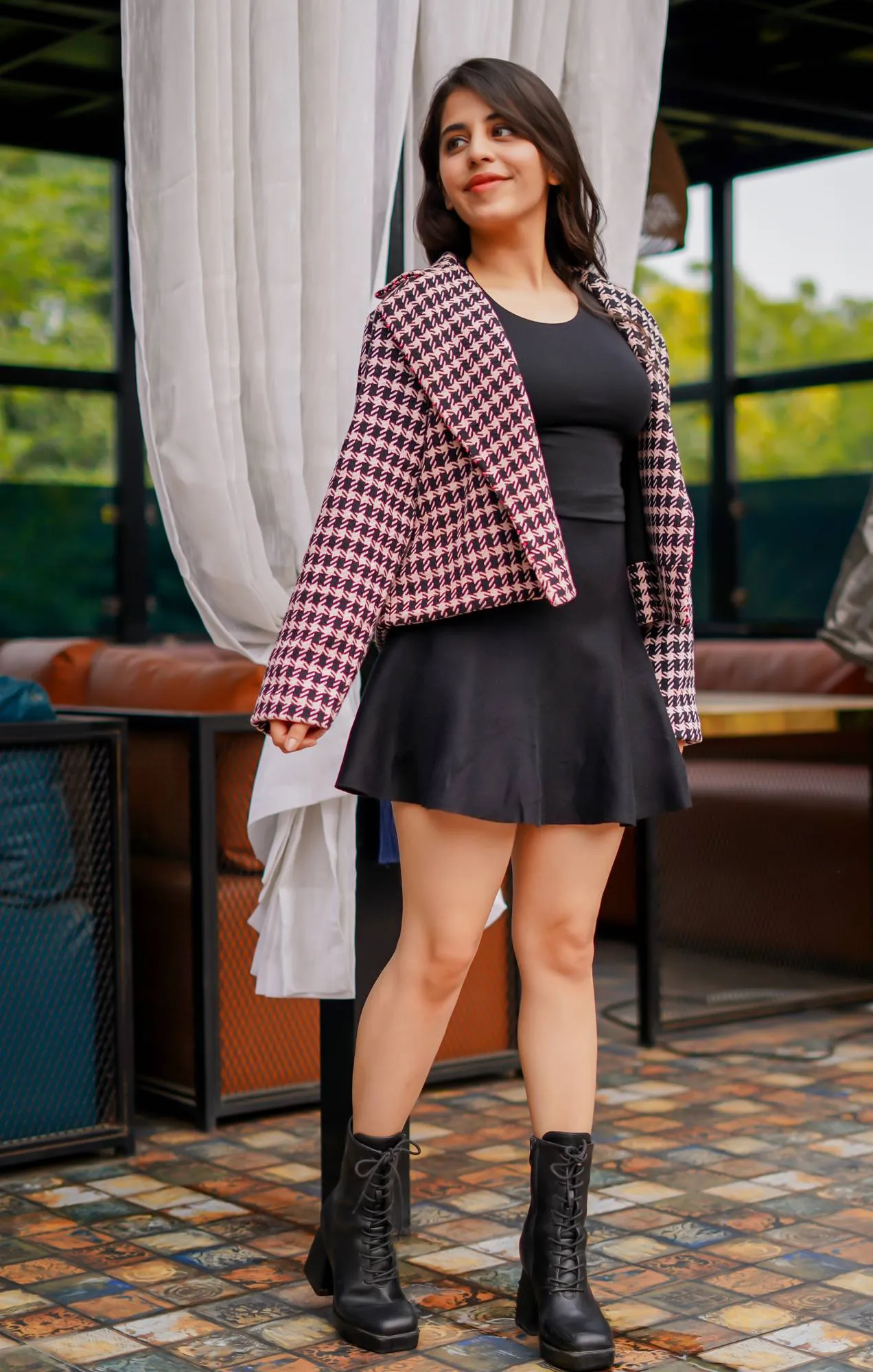 Houndstooth Jacket with Floral Embroidered Patch for Women