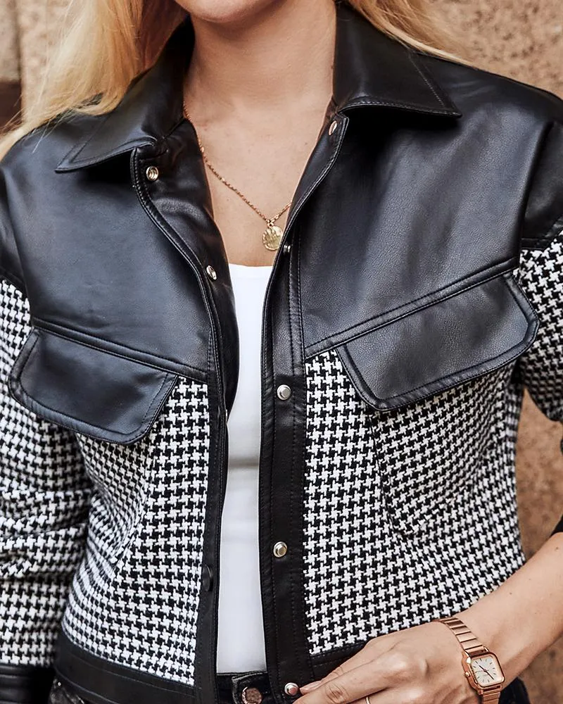 Houndstooth Print Colorblock PU Leather Patch Jacket