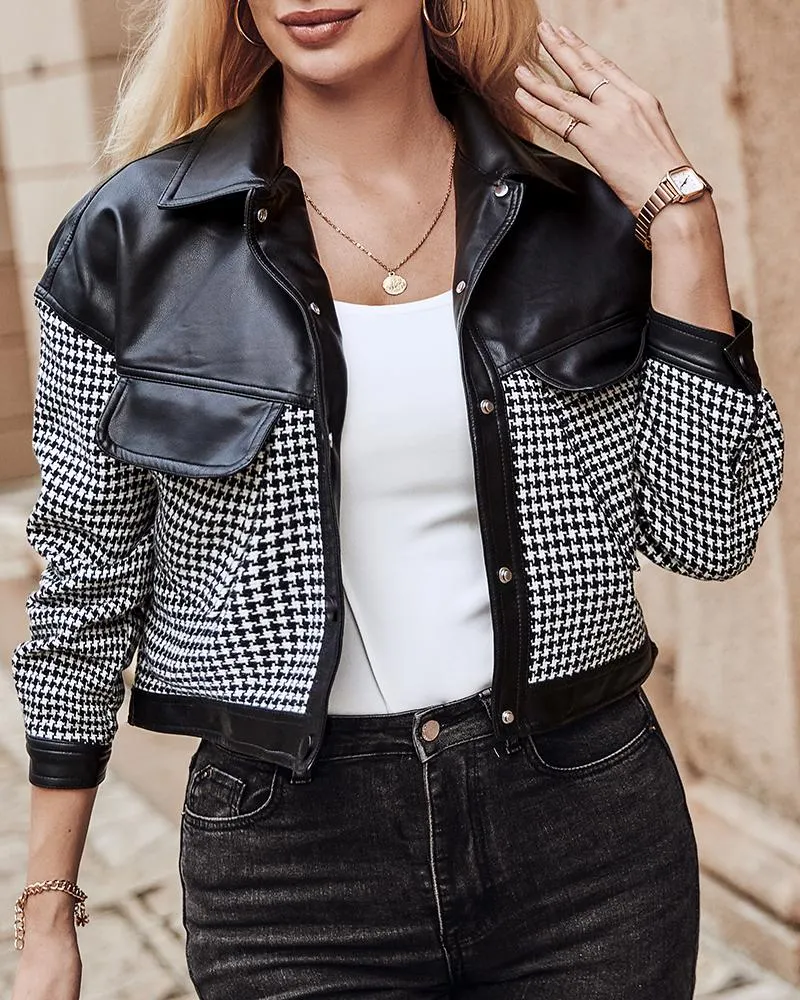 Houndstooth Print Colorblock PU Leather Patch Jacket