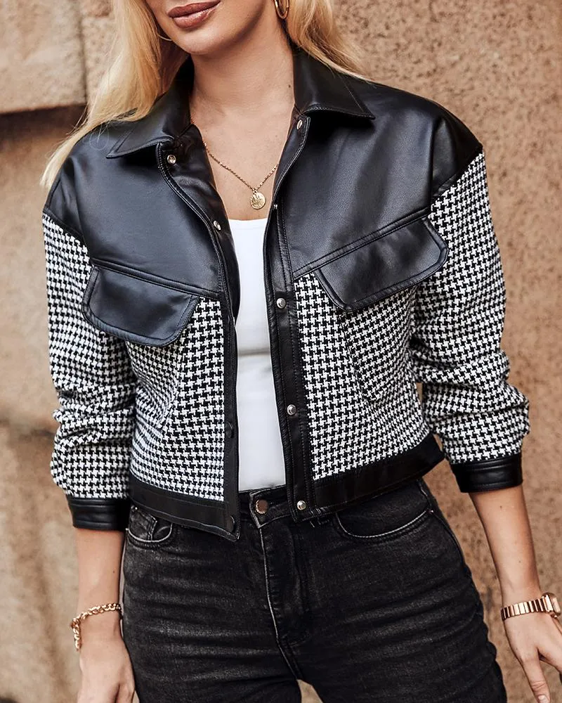 Houndstooth Print Colorblock PU Leather Patch Jacket