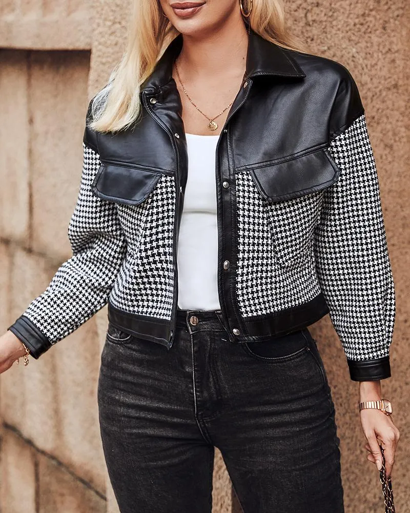 Houndstooth Print Colorblock PU Leather Patch Jacket