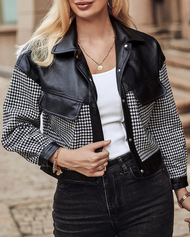 Houndstooth Print Colorblock PU Leather Patch Jacket