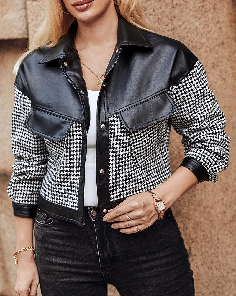 Houndstooth Print Colorblock PU Leather Patch Jacket