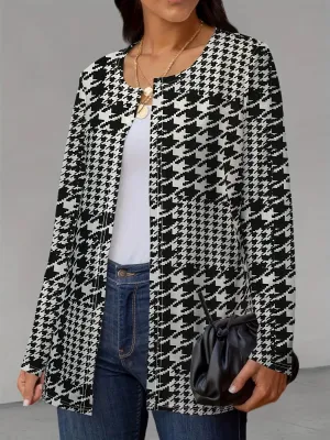 Houndstooth Printed Full Long Sleeve Outerwear Women Casual O Neck Overcoats Ladies Basic Chic Long Coats