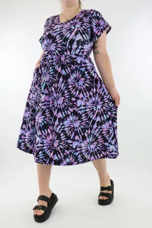 Iridescent Purple Tie Dye - A-Line Dress - Midi Length - Side Pockets