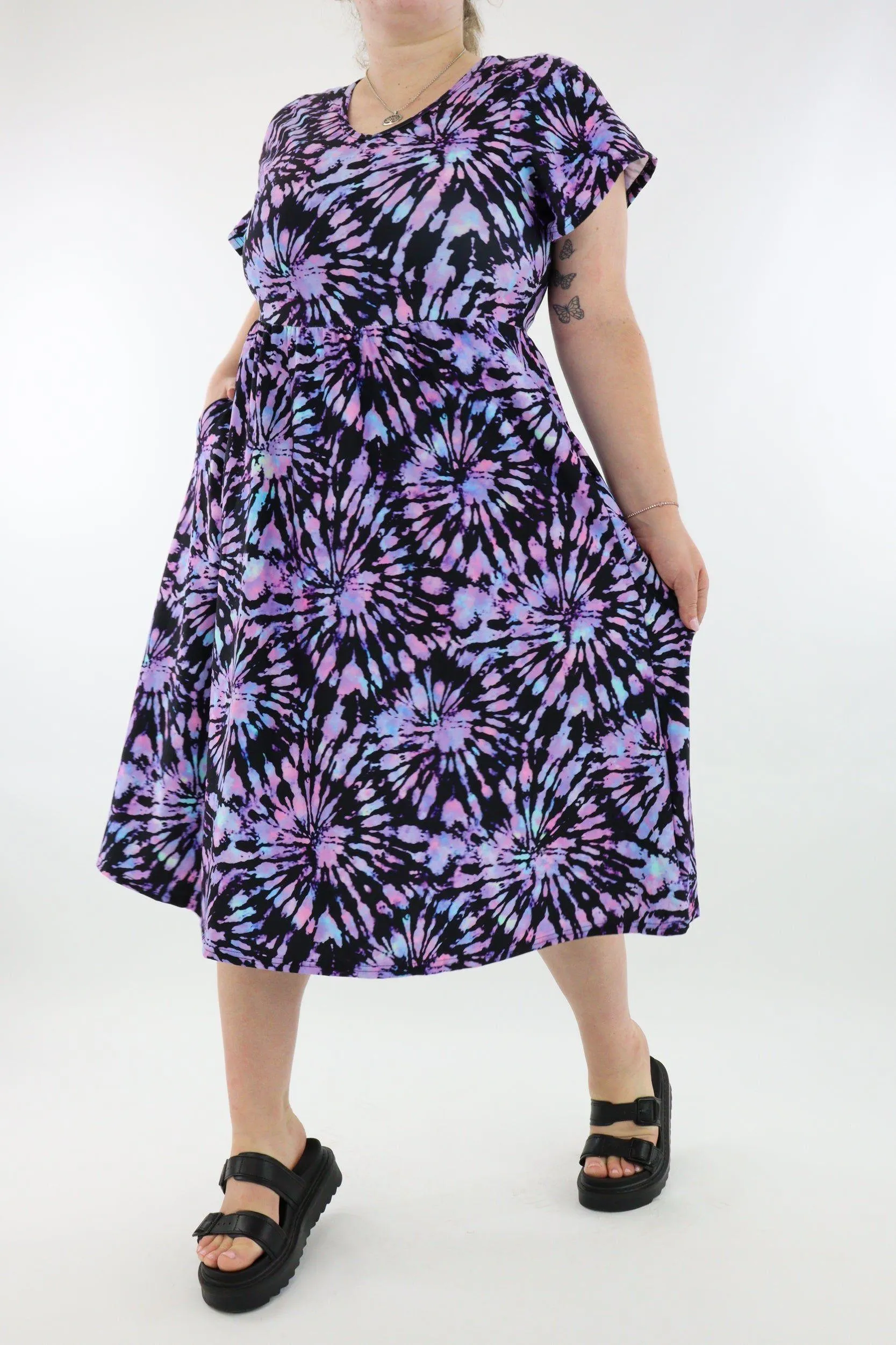 Iridescent Purple Tie Dye - A-Line Dress - Midi Length - Side Pockets