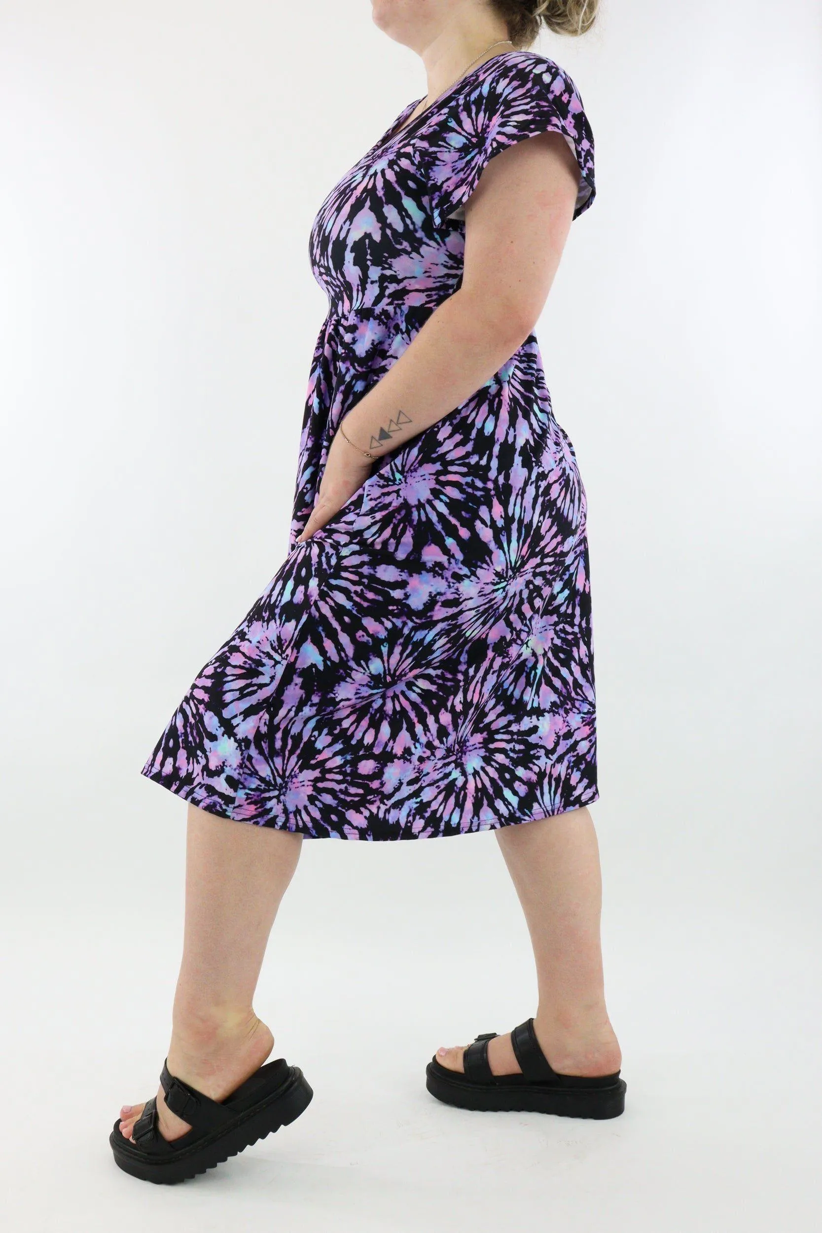 Iridescent Purple Tie Dye - A-Line Dress - Midi Length - Side Pockets