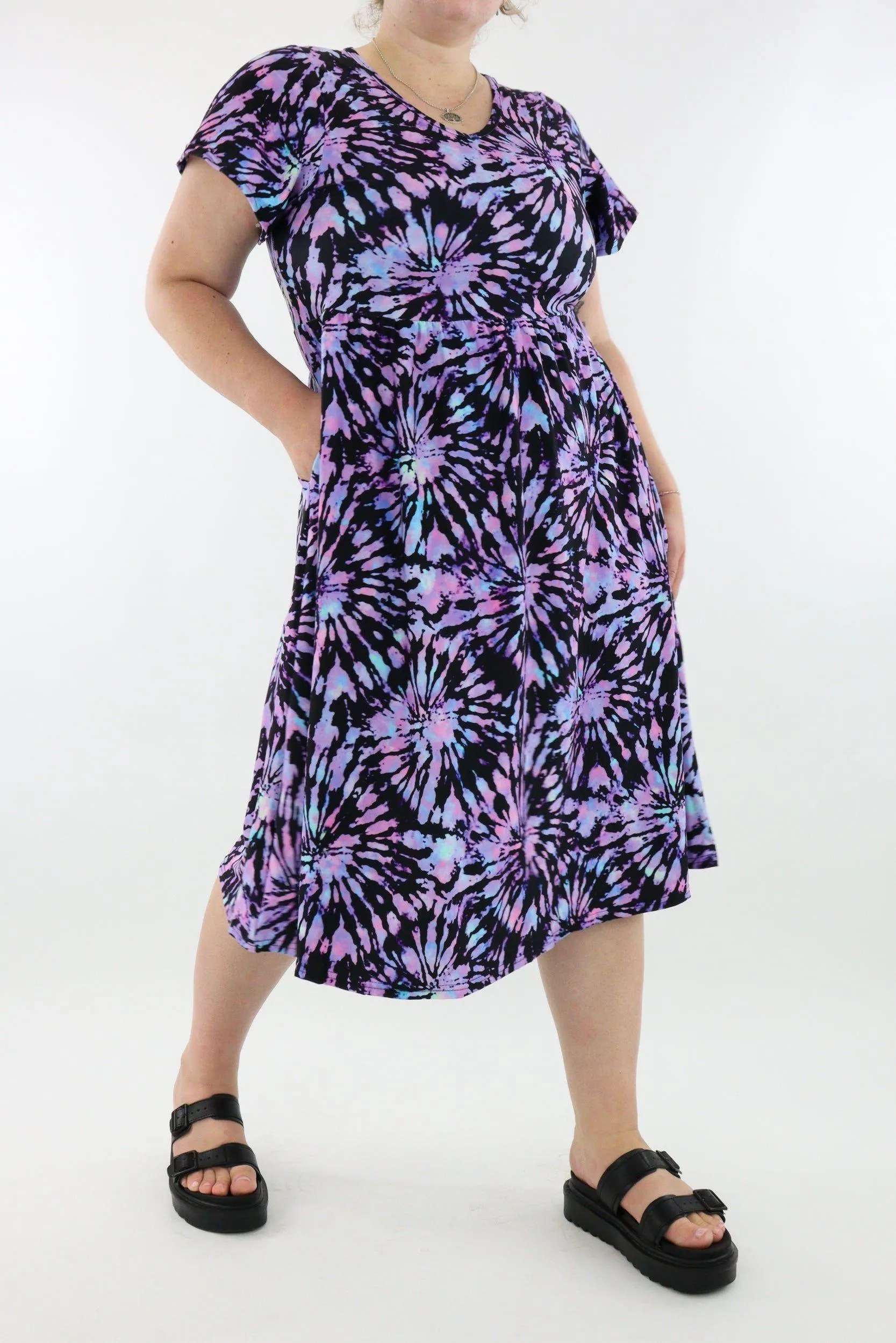 Iridescent Purple Tie Dye - A-Line Dress - Midi Length - Side Pockets