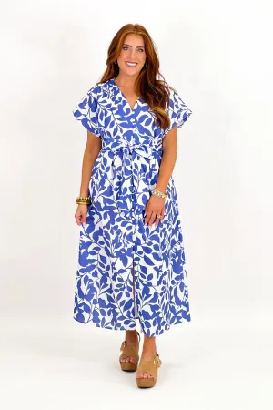 Ivory and Denim V-Neck Floral Dress
