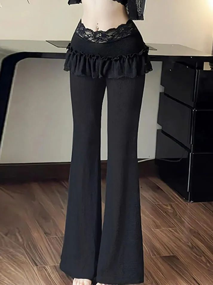 JazzHer Textured Lace Panel Ruffle Flared Pants