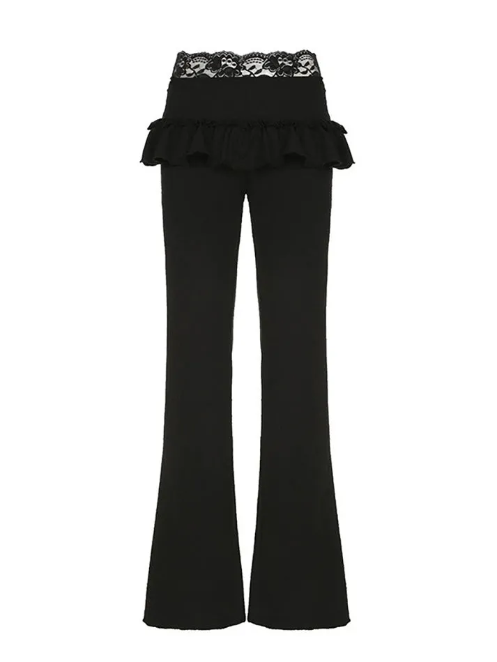 JazzHer Textured Lace Panel Ruffle Flared Pants