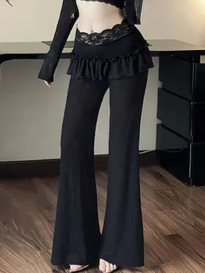 JazzHer Textured Lace Panel Ruffle Flared Pants