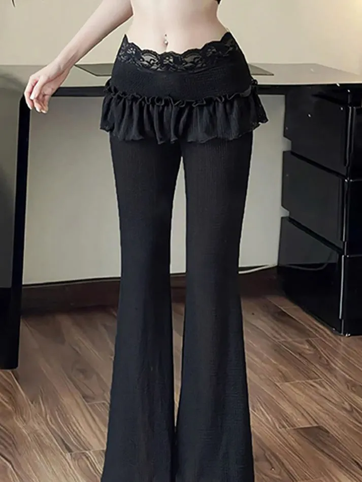JazzHer Textured Lace Panel Ruffle Flared Pants