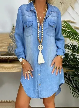 Jhasmine -White, plain denim long-sleeved shirt dress