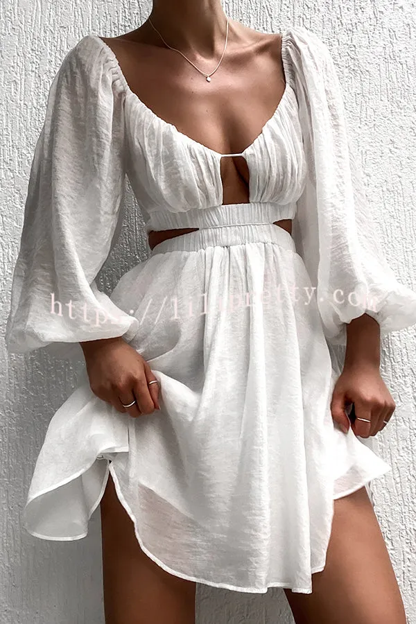 Jordy Ruched Gathered Bust Cutout Elastic Waist Lantern sleeve Mini Dress