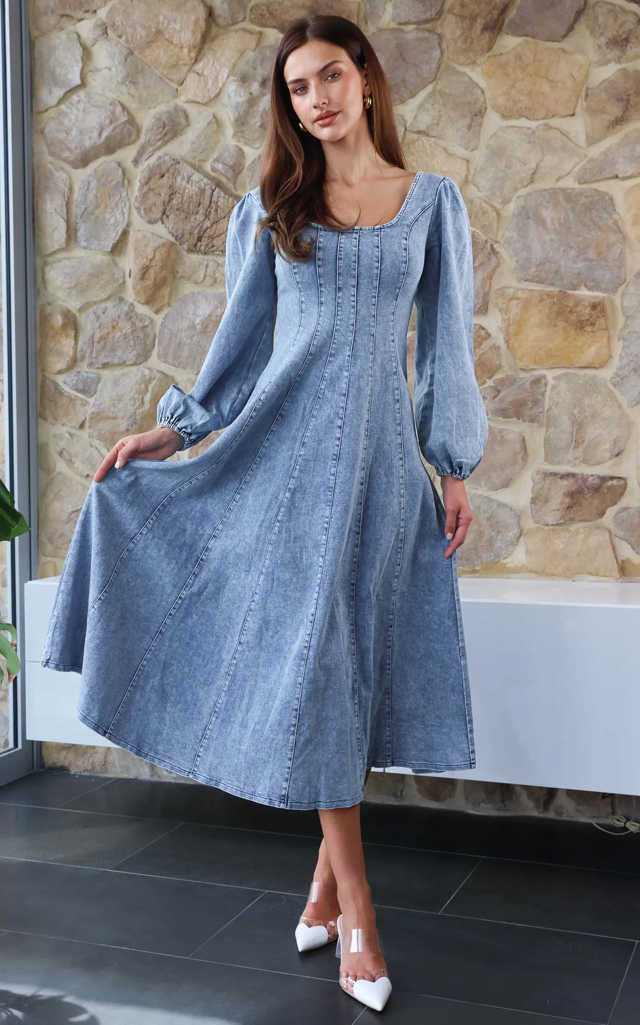 Kartford Long Sleeve Denim Maxi Dress - Blue