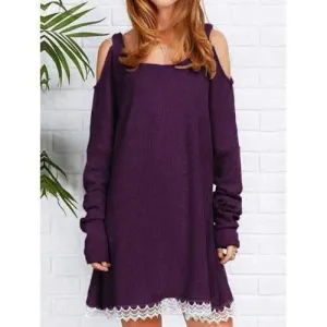 Lace Panel Cold Shoulder Knitted Dress - Deep Purple M