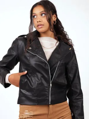 Ladies PU Biker Jacket - Black
