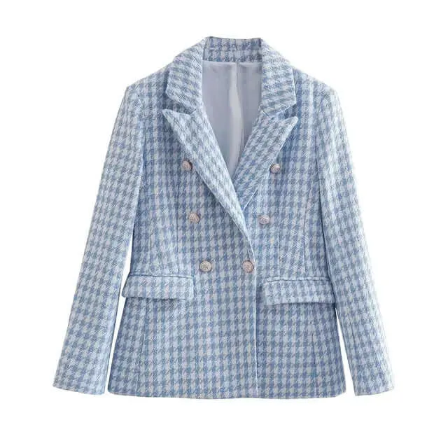 Ladies' vintage houndstooth double-breasted tweed blazer with patch pockets