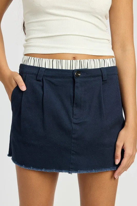 Lane Double Waisted Mini Skirt - Navy, Retro Style, Striped Waistband