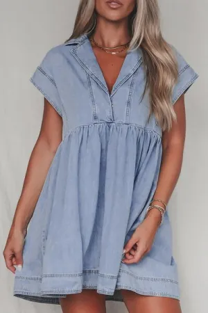 Lapel Neck Denim Babydoll Dress