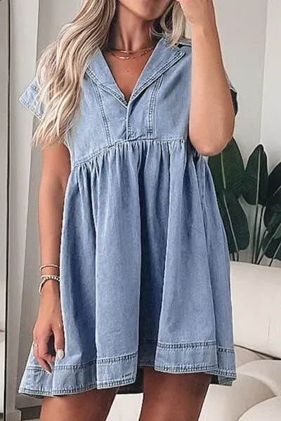 Lapel Neck Denim Babydoll Dress