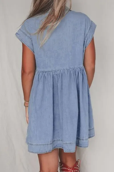 Lapel Neck Denim Babydoll Dress