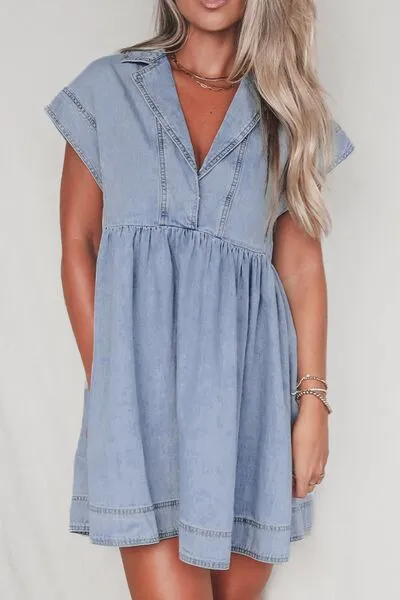 Lapel Neck Denim Babydoll Dress