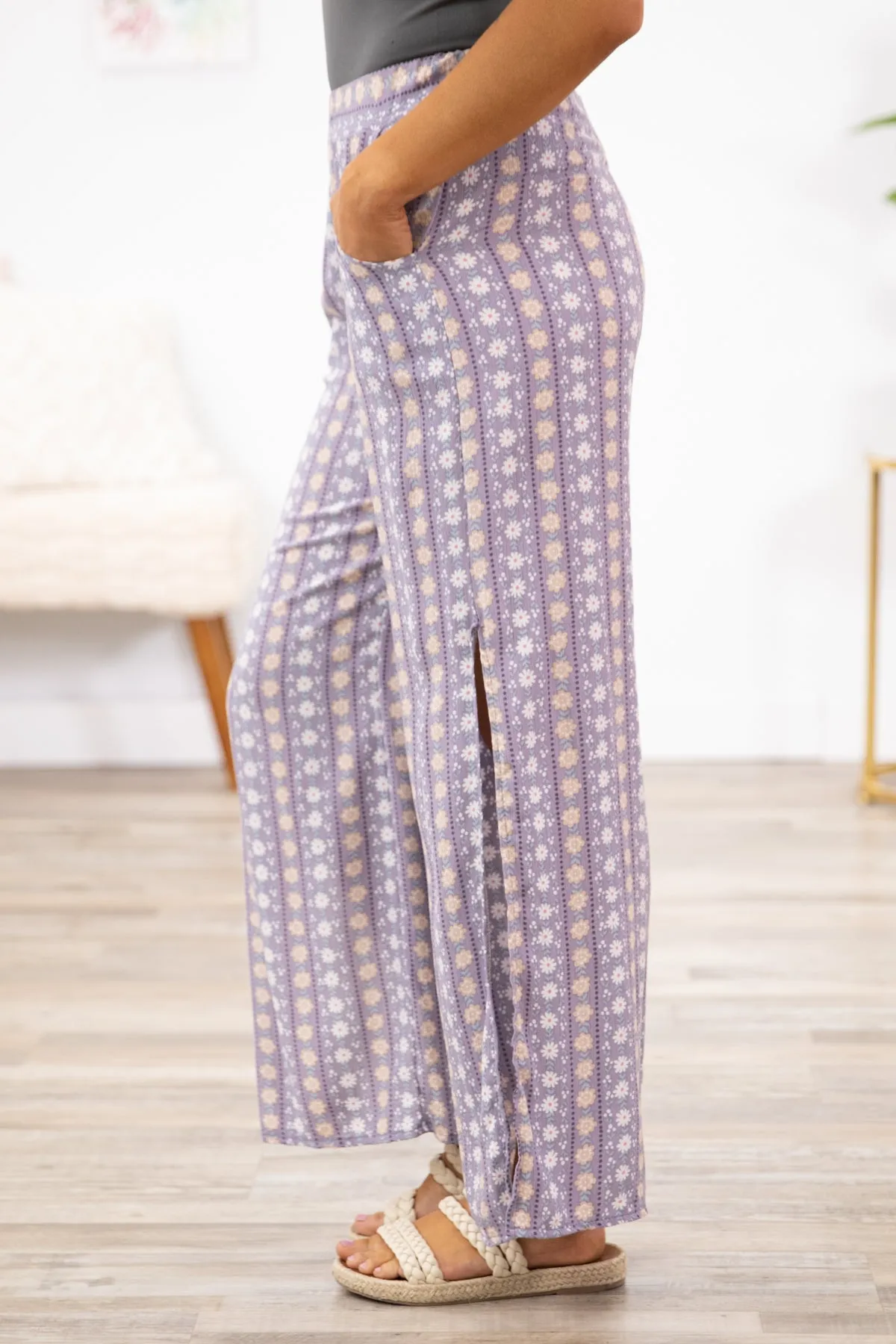 Lavender Floral Print Knit Pants