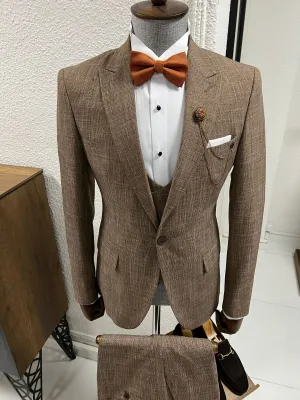 Lenzi Slim Fit Pointed Collared Brown Woolen Suit