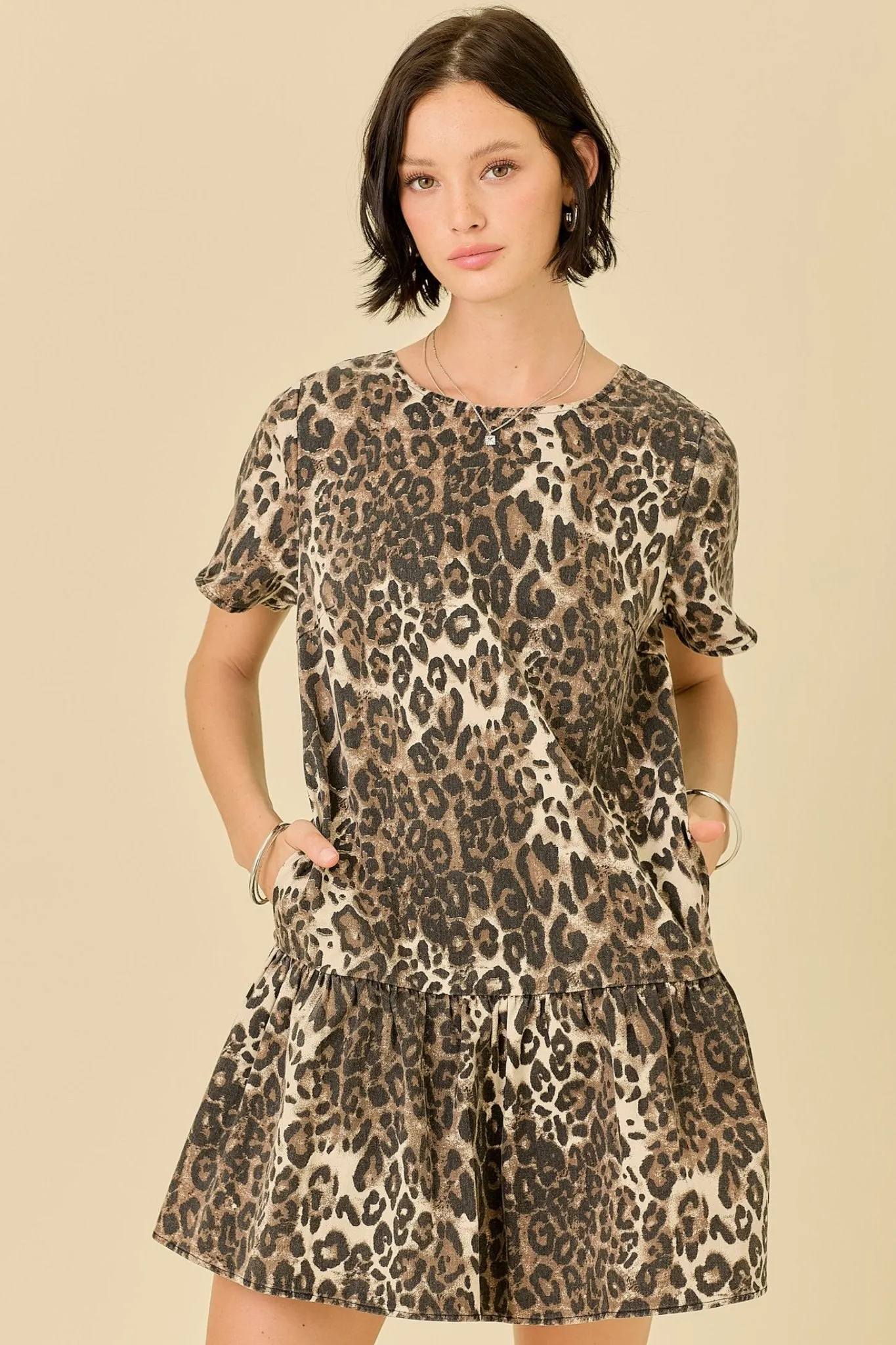 Leopard Denim Drop Waist Mini Dress