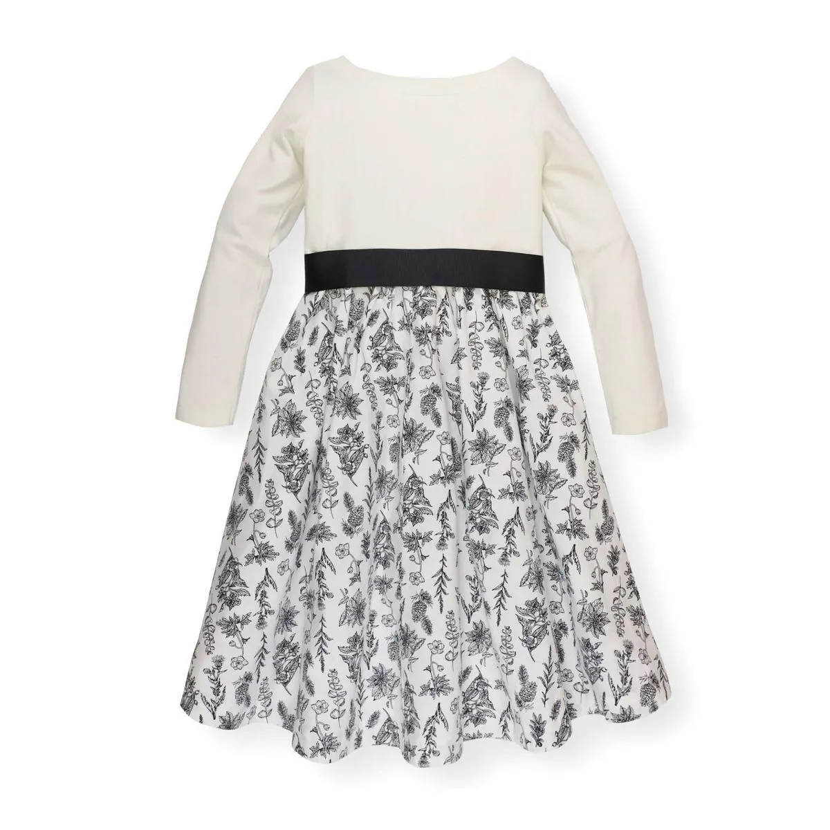 Lightweight Blocked High-Low Skater Dress - Soft White with Black Winter Botanical