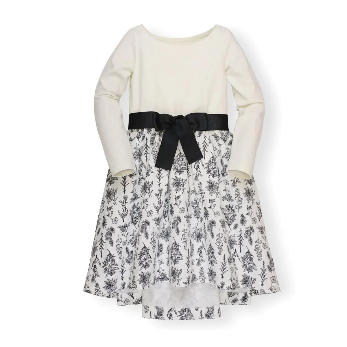Lightweight Blocked High-Low Skater Dress - Soft White with Black Winter Botanical