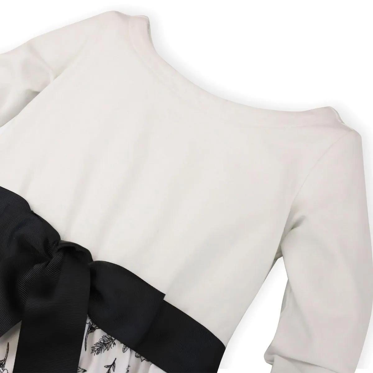 Lightweight Blocked High-Low Skater Dress - Soft White with Black Winter Botanical