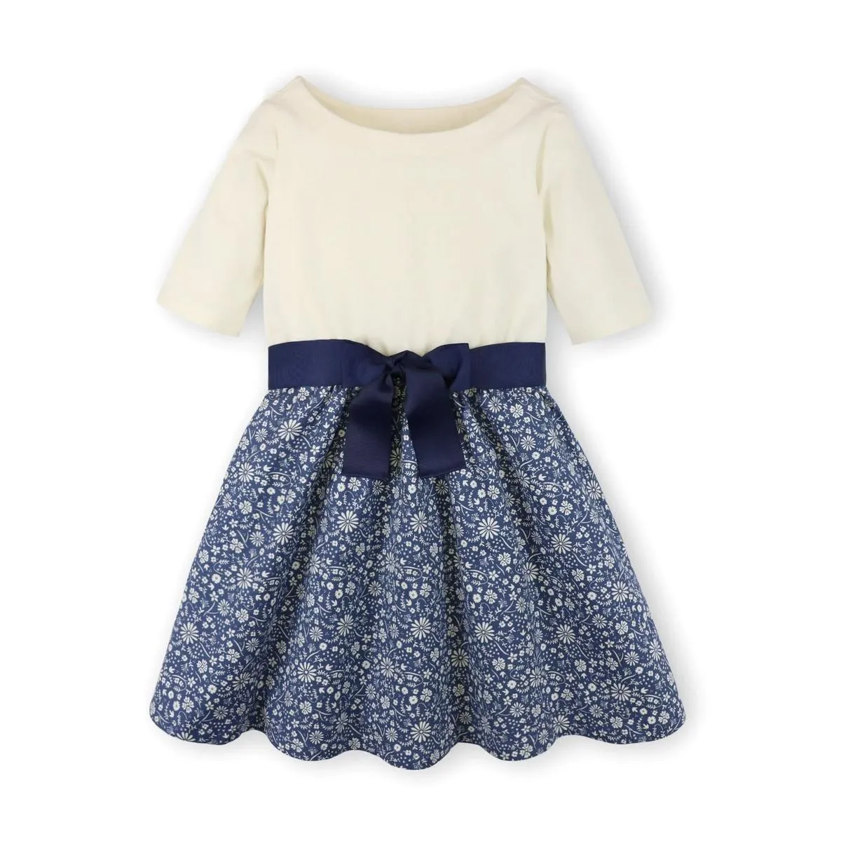 Lightweight Blocked Skater Dress - Ivory with Dark Blue Folk Floral