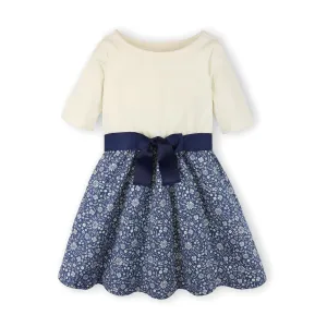 Lightweight Blocked Skater Dress - Ivory with Dark Blue Folk Floral