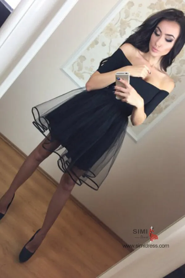 Little Black A-line Off-the-Shoulder Homecoming Dresses With Tulle Skirt, SH547