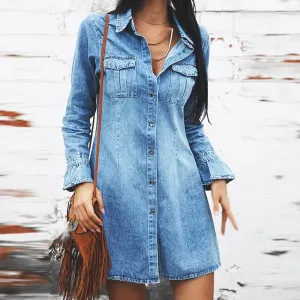 Long Sleeve Ruffle Denim Shirt Dress