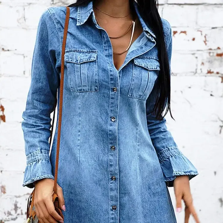 Long Sleeve Ruffle Denim Shirt Dress