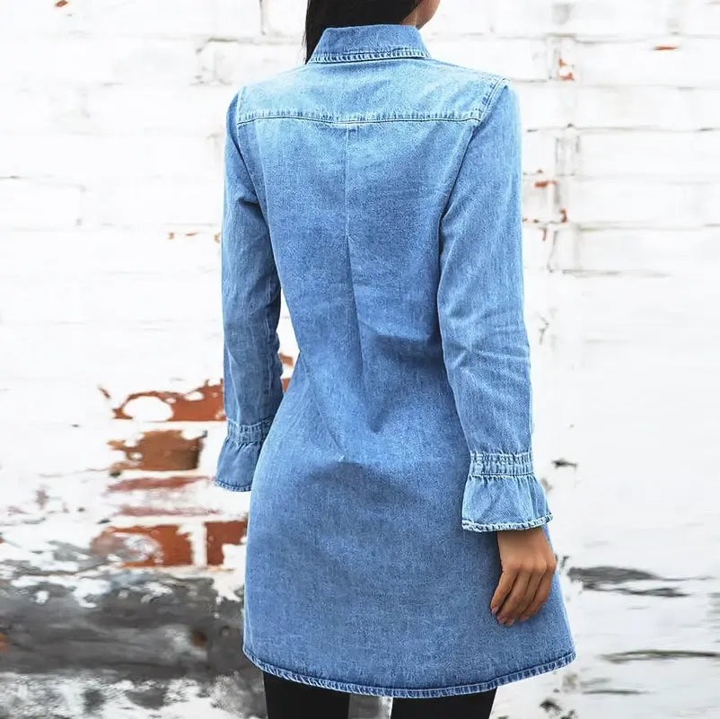 Long Sleeve Ruffle Denim Shirt Dress