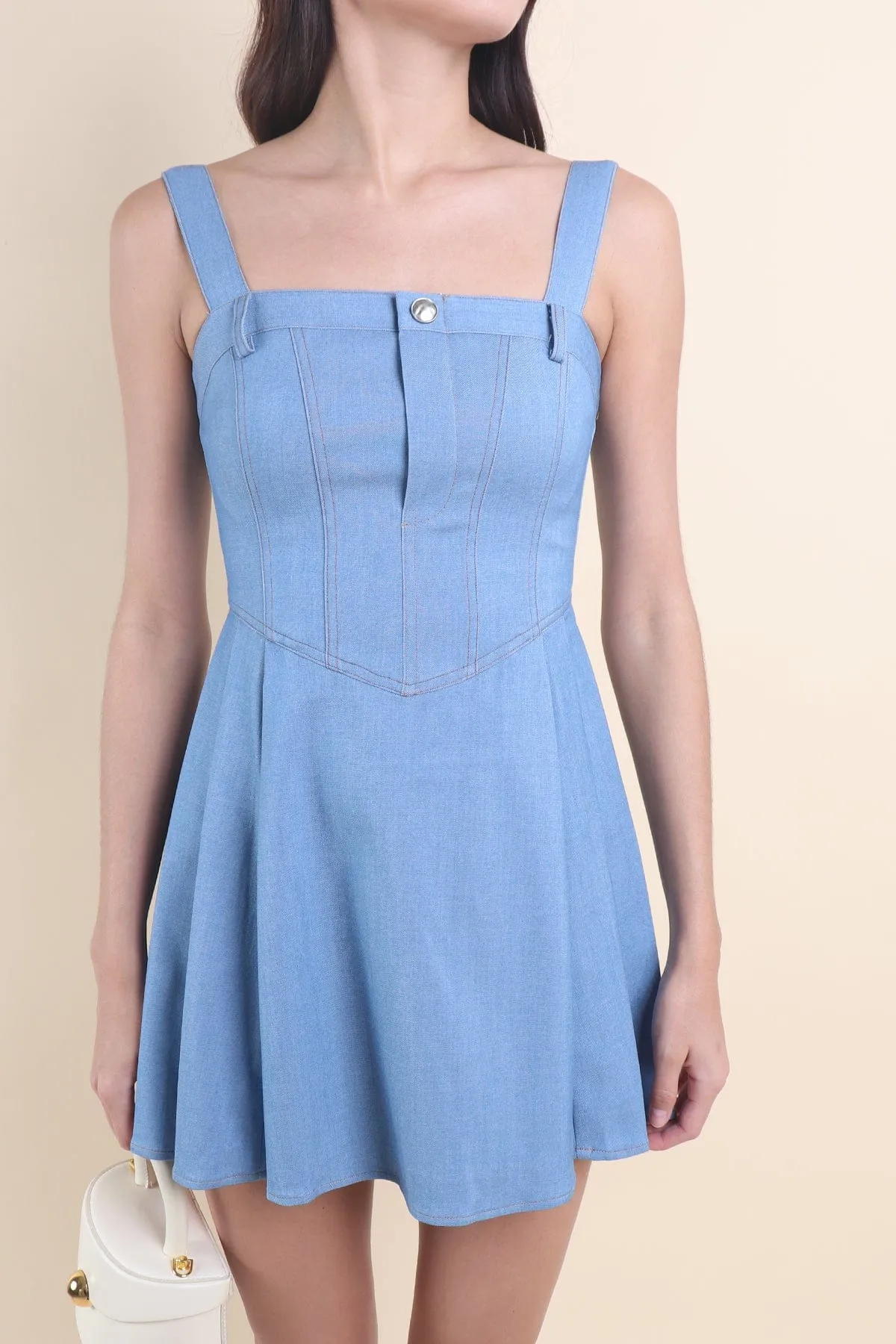 MAELLE DENIM SKATER DRESS IN BLUE