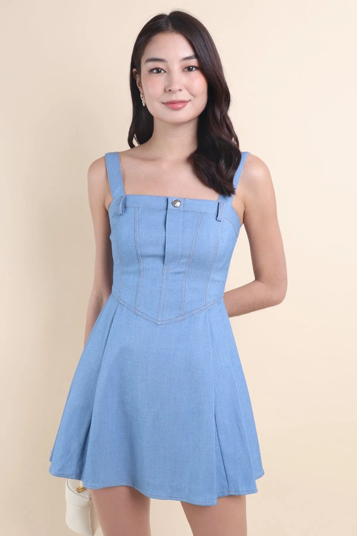MAELLE DENIM SKATER DRESS IN BLUE