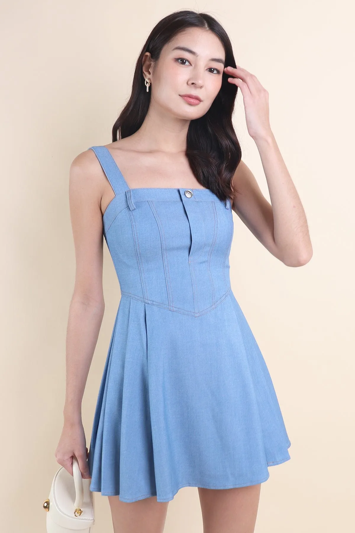 MAELLE DENIM SKATER DRESS IN BLUE
