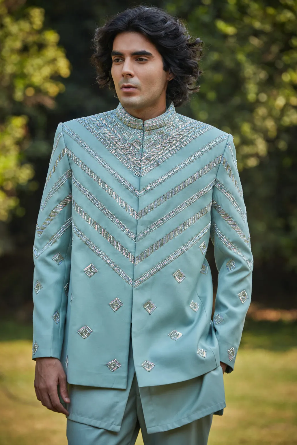 Melvin Mint Green Embroidered Bandgala Set