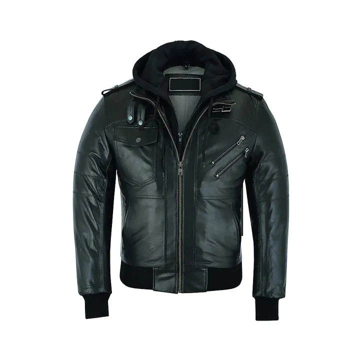 Men's Classic Style Removeable Hood Motorcycle Jacket