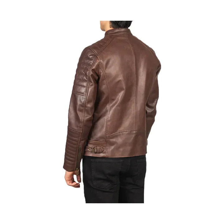 Men's Snap Collar Full Zip Original Leather Biker Jacket