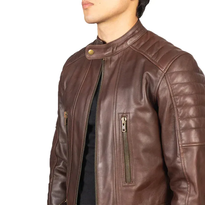 Men's Snap Collar Full Zip Original Leather Biker Jacket