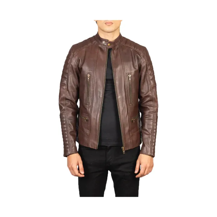Men's Snap Collar Full Zip Original Leather Biker Jacket