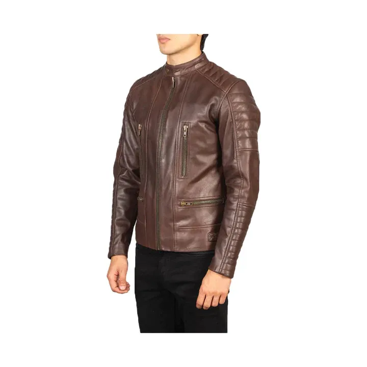 Men's Snap Collar Full Zip Original Leather Biker Jacket