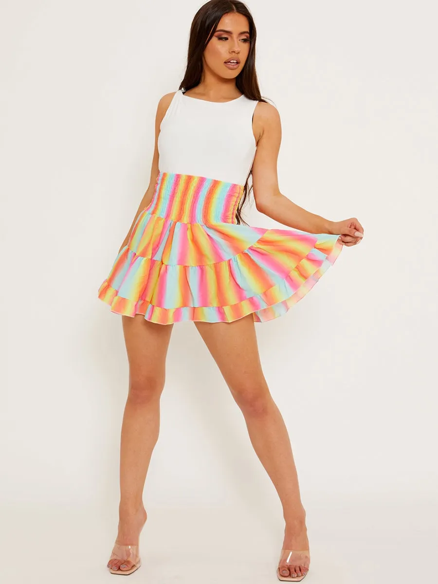 Multi Coloured Shirred Waist Boho Skirt